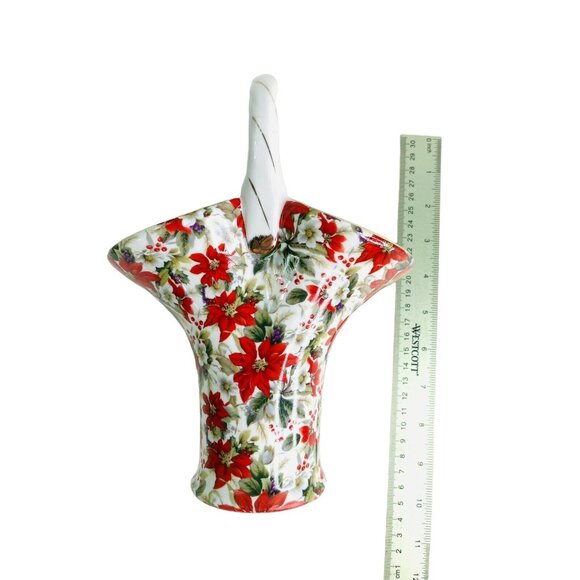 Christmas Basket Vase Poinsettia Ceramic Chintz Formalities Baum Bros 9.5" x 7" - Picture 6 of 8